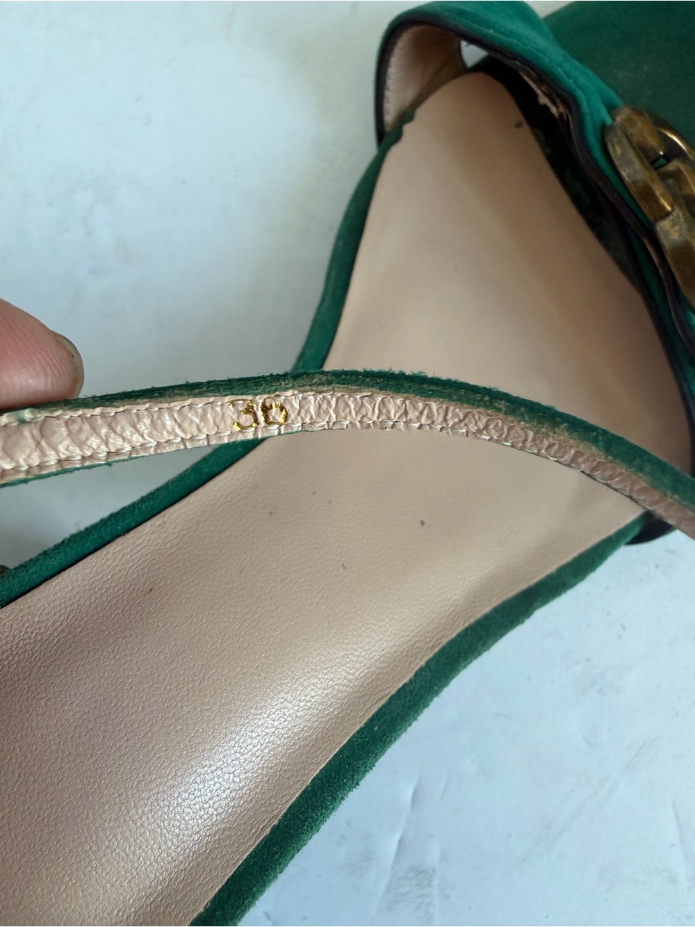 Green Suede Open-Toe Heeled Sandals with Gold Accent - Picture 7 of 8